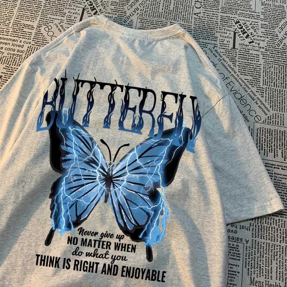 Blue Lightning Butterfly Creative Word T-Shirt Men Casual Oversized T-Shirt Casual Loose Tee Clothes Pattern Quality TopsT250319