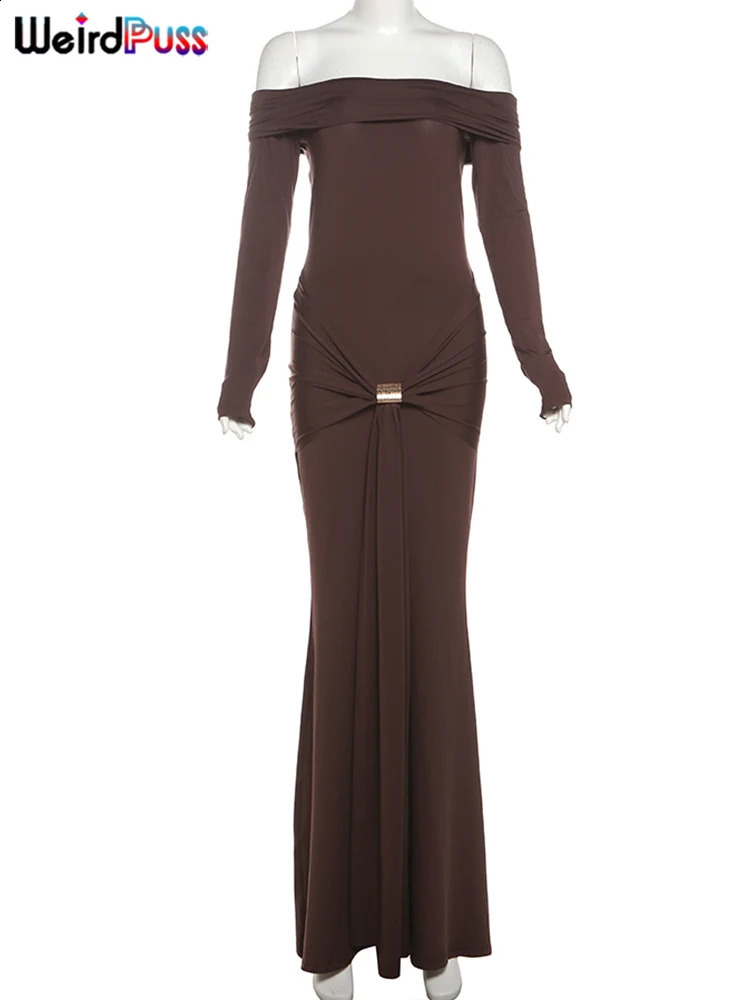 Weird Puss Elegant Party Dress Ruched Metal Buckle Ribbon Slash Neck Full Sleeve Skinny Stretch Birthday Party Slim Long Bodycon 250319