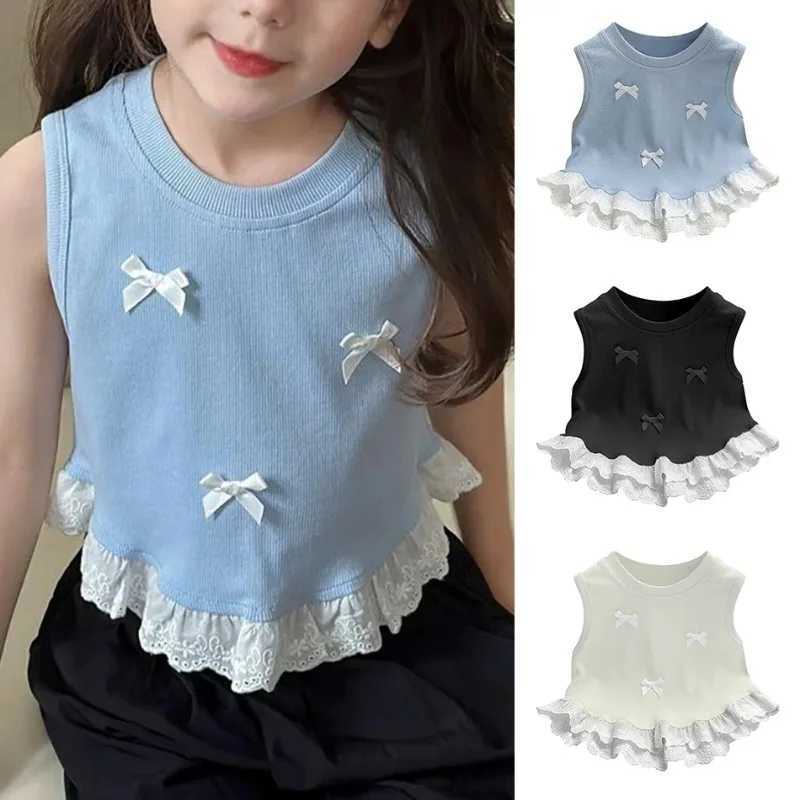 Fashion childrens vest girls summer short sleeved bow flower lace clothing childrens casual clothing cute T-shirtT250320
