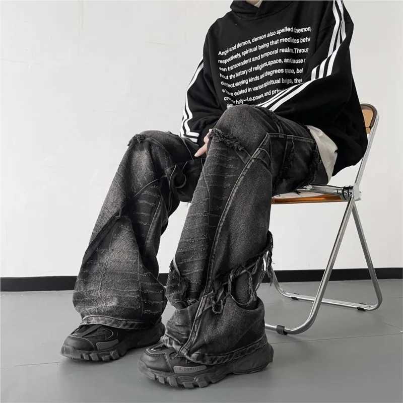 Striped fringe torn jeans mens fashion wide leg hip-hop lazy style jeans couple retro loose jeans mens denim jeansT250319