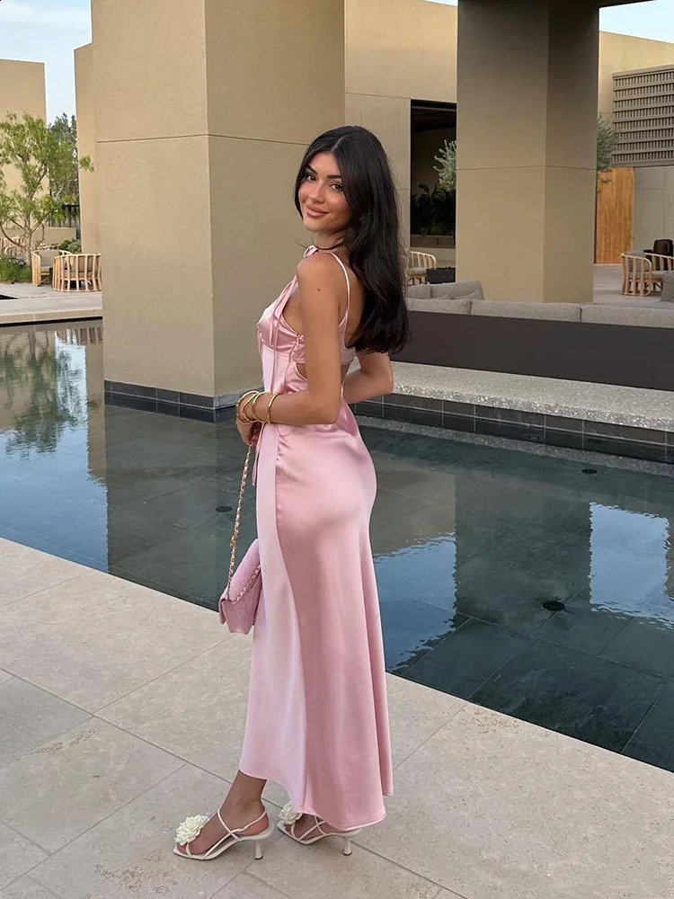 TRAF Womens Pink Hollow Satin Dress No Back Sexy Party Evening Dress Temperature Elegant Fashion Long Dress 250314