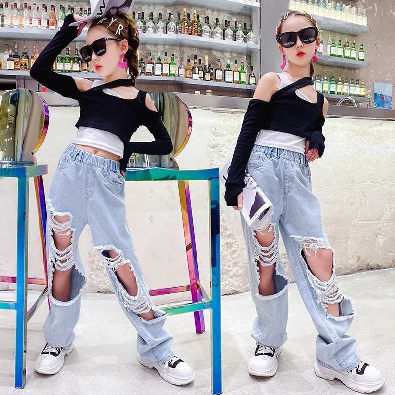 Kids Hole Jeans For Girls Spring Casual High Waist Wide Leg Pants Baby Girls Ripped Denim Trousers Children Clothing 5-14 YearsT250326