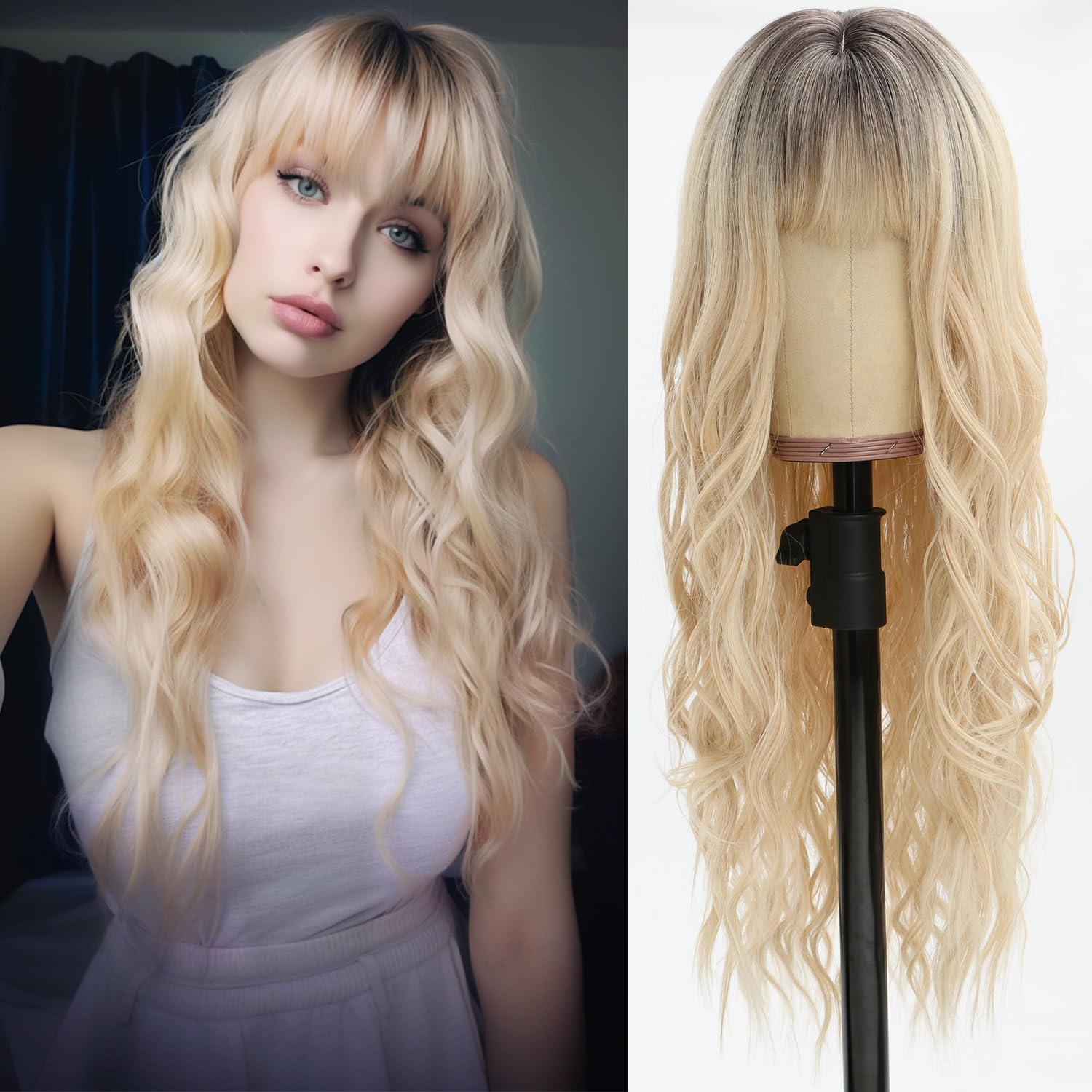 Long Ombre Light Blonde Wig with Bangs Platinum Blonde Wavy Wigs For Women Dark Roots Brown to Blonde Wigs Heat-Resistant Synthetic Wig Suitable for F