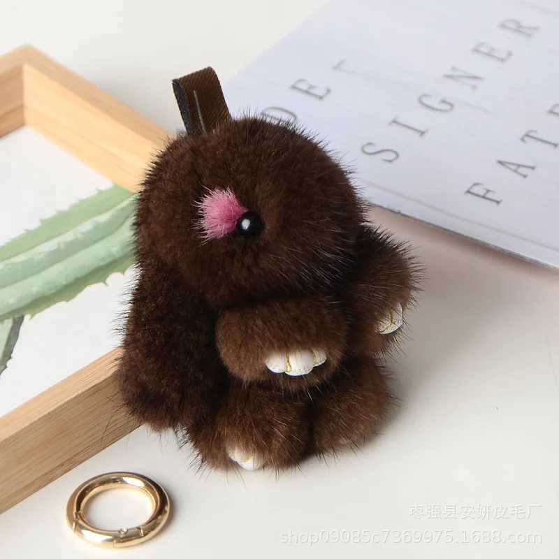 New Style Handmade Real Mink Fur Rabbit Charm Keychain Women Kids Cute Plush Bunny Keyring Bag Car Key Decoration Jewelry GiftsXJ250319