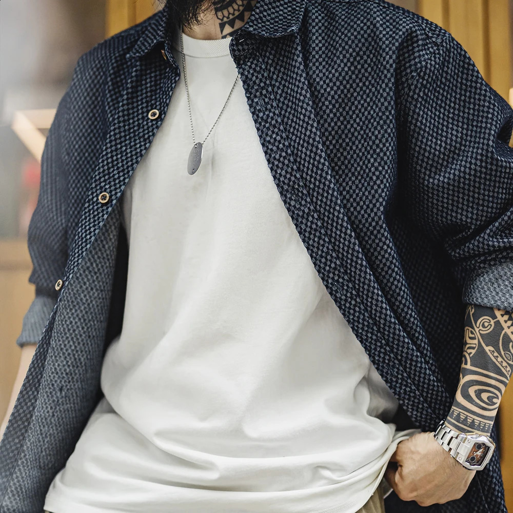 Maden Retro Checkered Longsleeved Denim Shirt Loose Lapel Singlebreasted Jacket for Men Spring and Fall Versatile Outerwear 250317