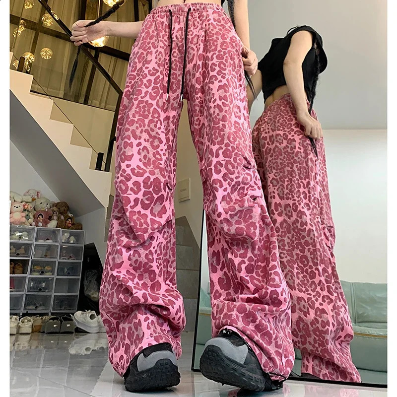 Woman American Streetwear Baggy Y2k Jeans Girls Vintage Harajuku Trousers Female Red Leopard Print Japanese 2000s Wide Leg Pants 250319