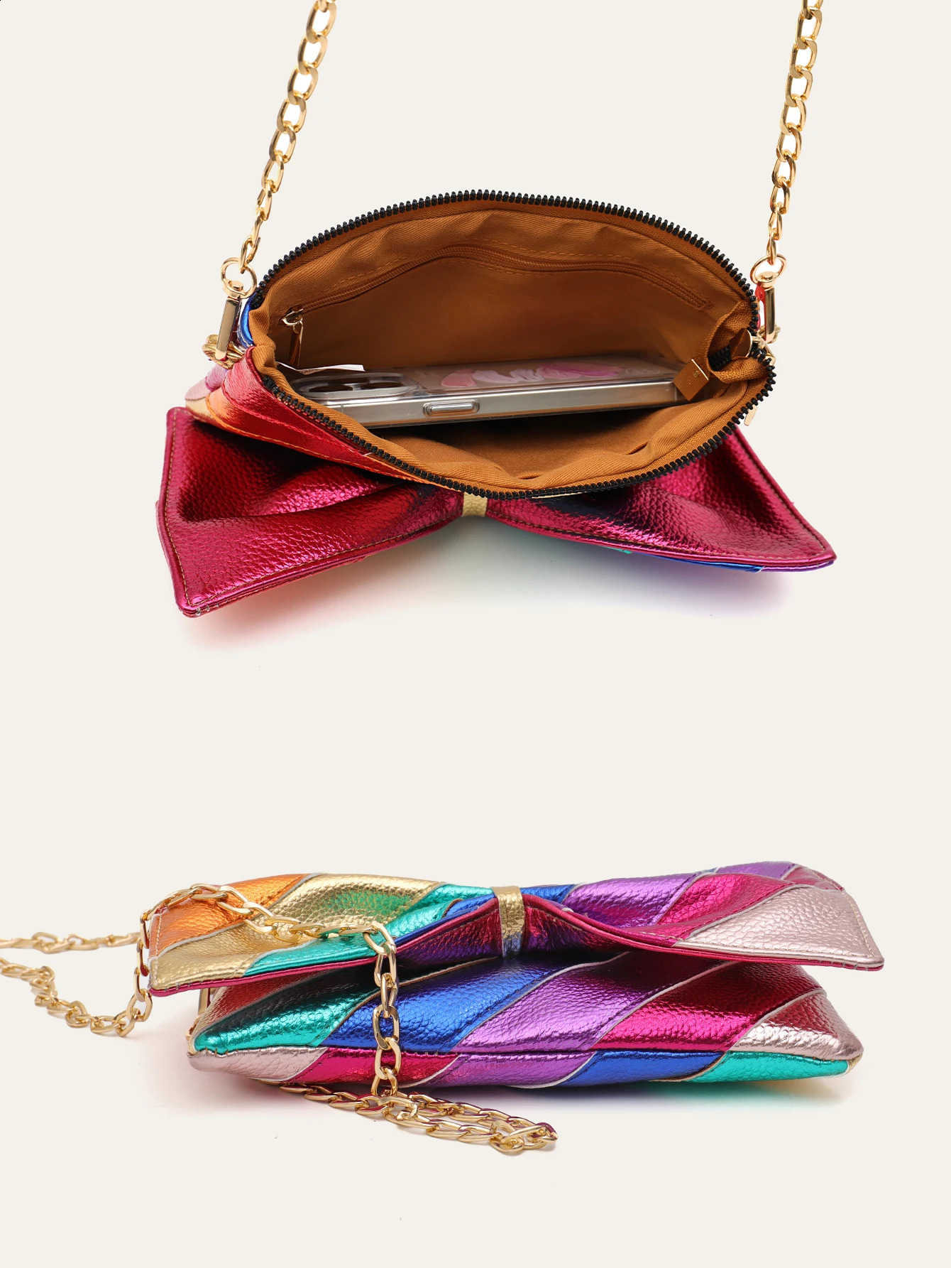 metal vegan leather handbag with colorful striped patch work sweet PU bow clutch chain cross body bag Funky Y2K 250317