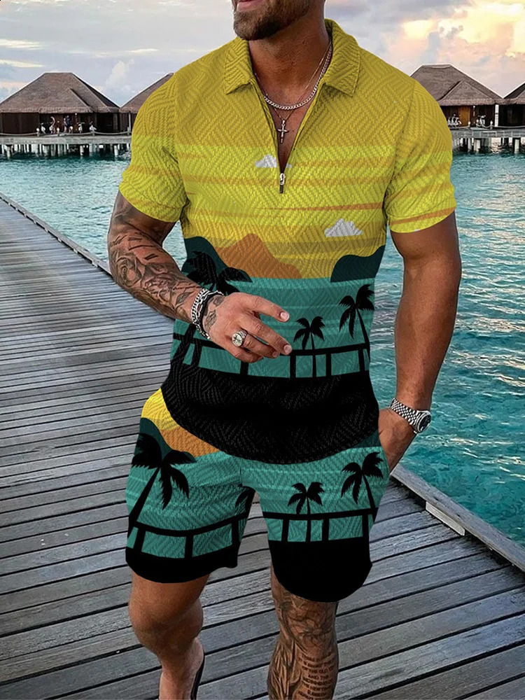 Summer Trend Mens Sweatsuit set Hawaii Beach Elements 3D Print Zipper Collar Polo Shirt And Shorts 2pcs Set Casual Man Clothing 250319