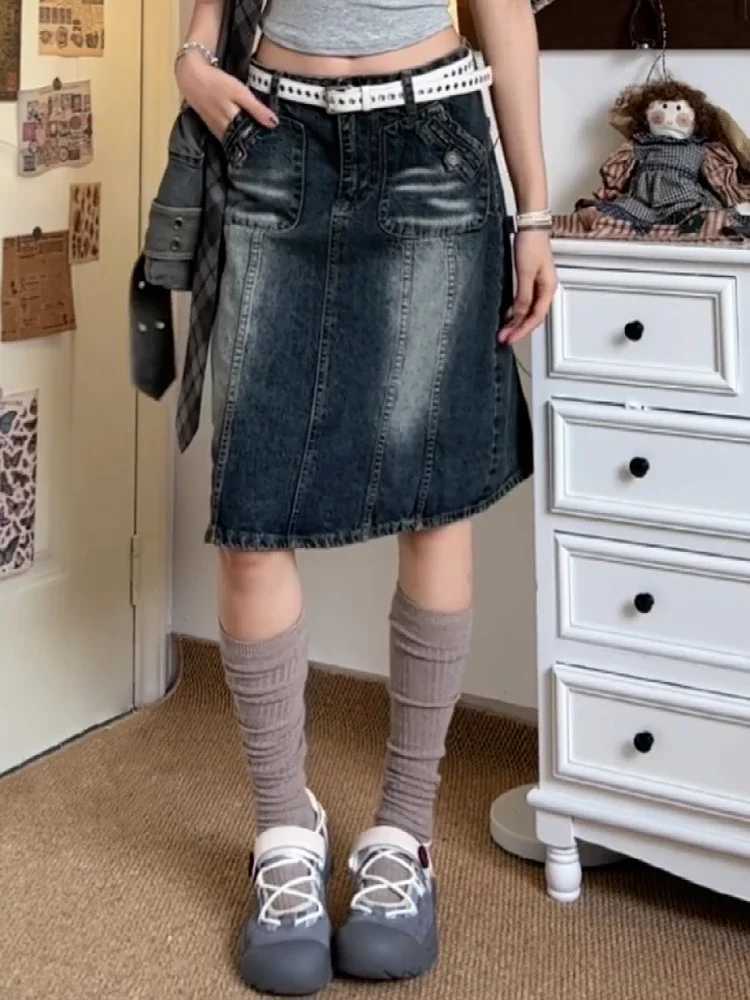 Summer womens Korean Midi denim Skirt Cyber Punk Gyaru Coquette 2000 retro Harajuku Gothic Japanese fashion Y2k streetwear newXJ250320