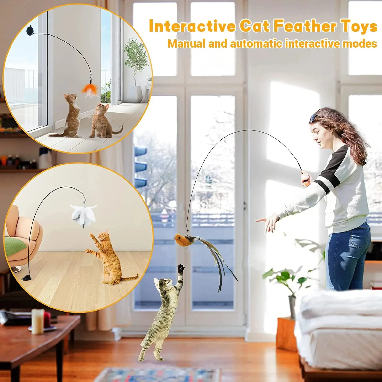 Cat toy feather stick interactive kitten with super suction cup detachable 2piece replacement cat Accesorios 250320