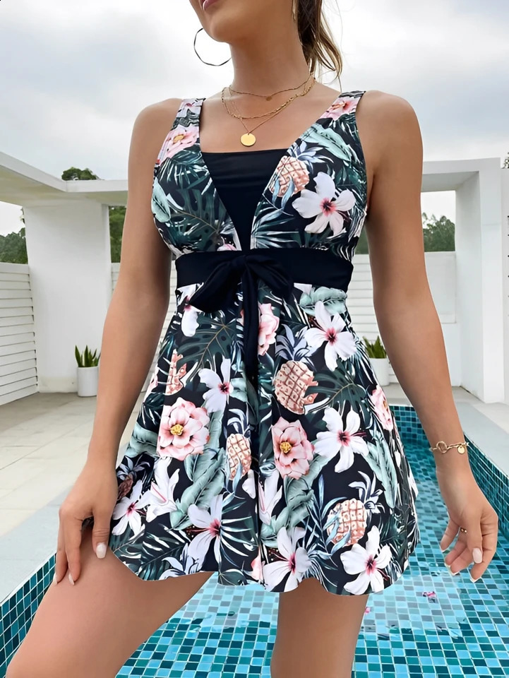 2023 Tropical Print Knot Front Swimwear Women Swimsuit Dress Bathers Bathing Swimming Swim Suit Beachwear 250312