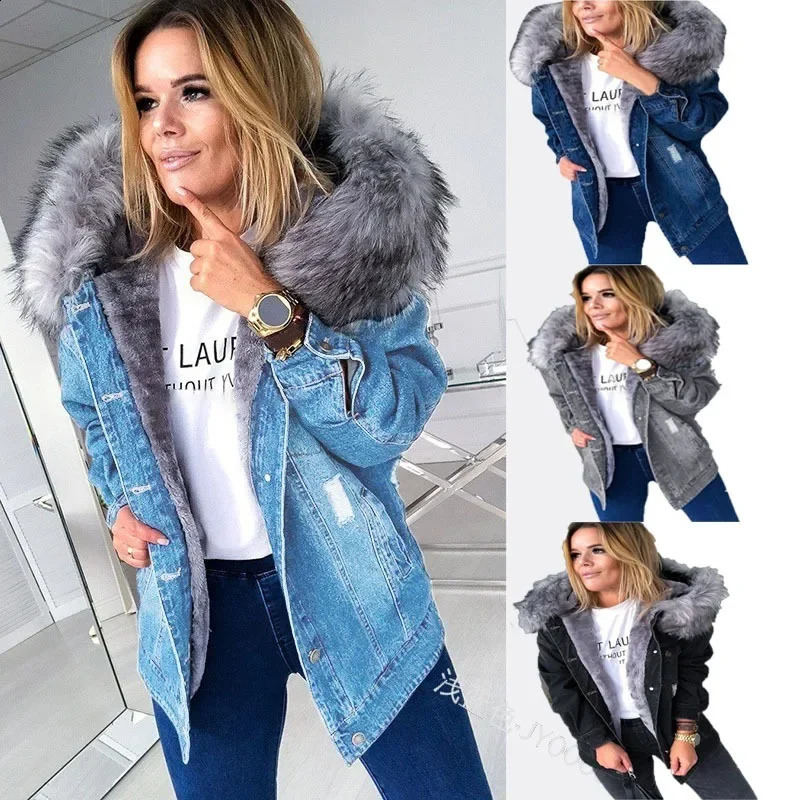 Thick cotton lined coat denim winter trend cashmere fur collar womens warm jacket 250319