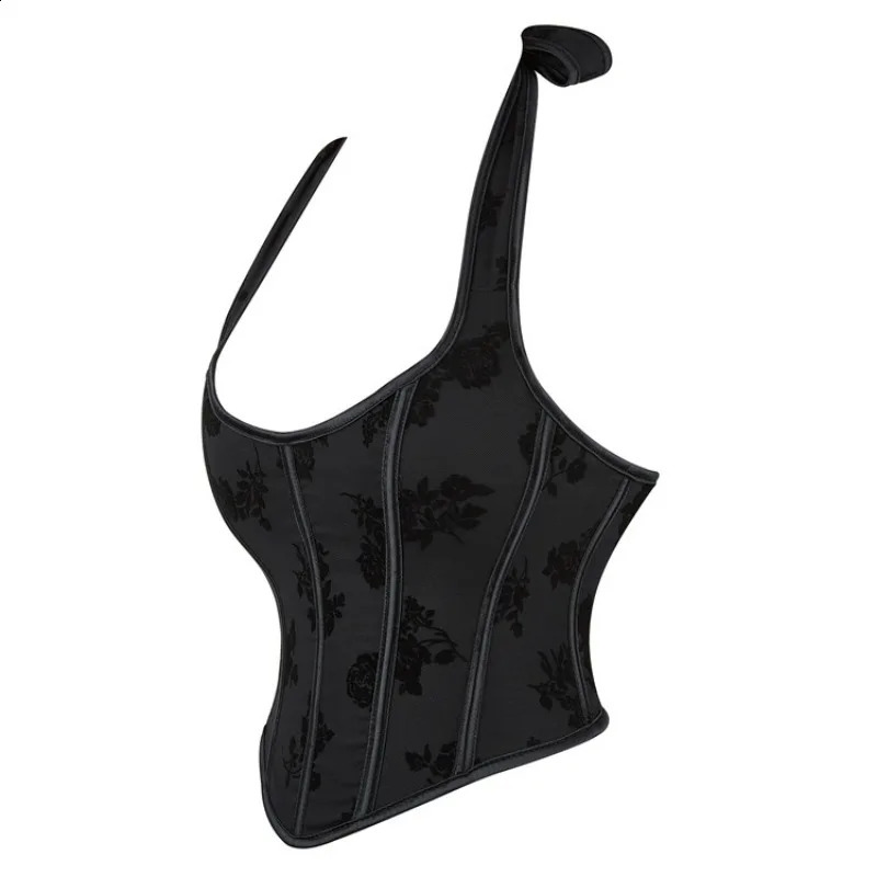 Womens Vintage Floral Overbust Corset Crop Tops Vest Strap Halter Lace Up Boned Bustiers Body Shaper Short Torso Sexy 250319