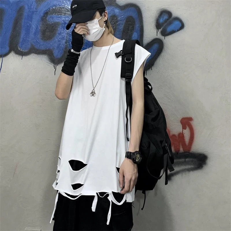 Sleeveless ripped hole mens vest top Korean fashion trend 2xl 3xl super sized full matching inner T-shirt hip-hop punk streetwear 250318