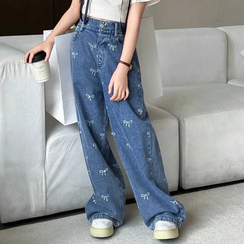 2024 Summer Casual Style Jeans Spring Big Kids Straight Trousers For 4-16Y Girl Teenage Clothes Bow Print Denim Wide Leg PantsT250326