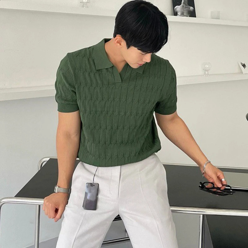 Summer Clothing Mens Knitted Jacquard Skinny Polo Shirt Korean Breathable Leisure V Neck Short Sleeve Knitwear 250319