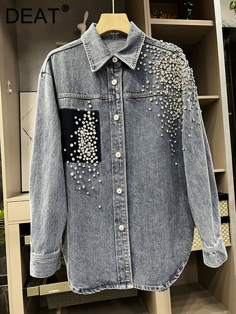 DEAT womens denim shirt patch work sheet pocket panel loose long sleeved diamond shirt spring item 29L2946 250317