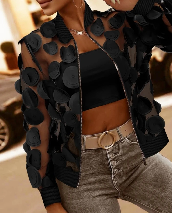 Womens jacket fashionable floral pattern jacquard n transparent mesh baseball collar long sleeved zipper see through casual 250314