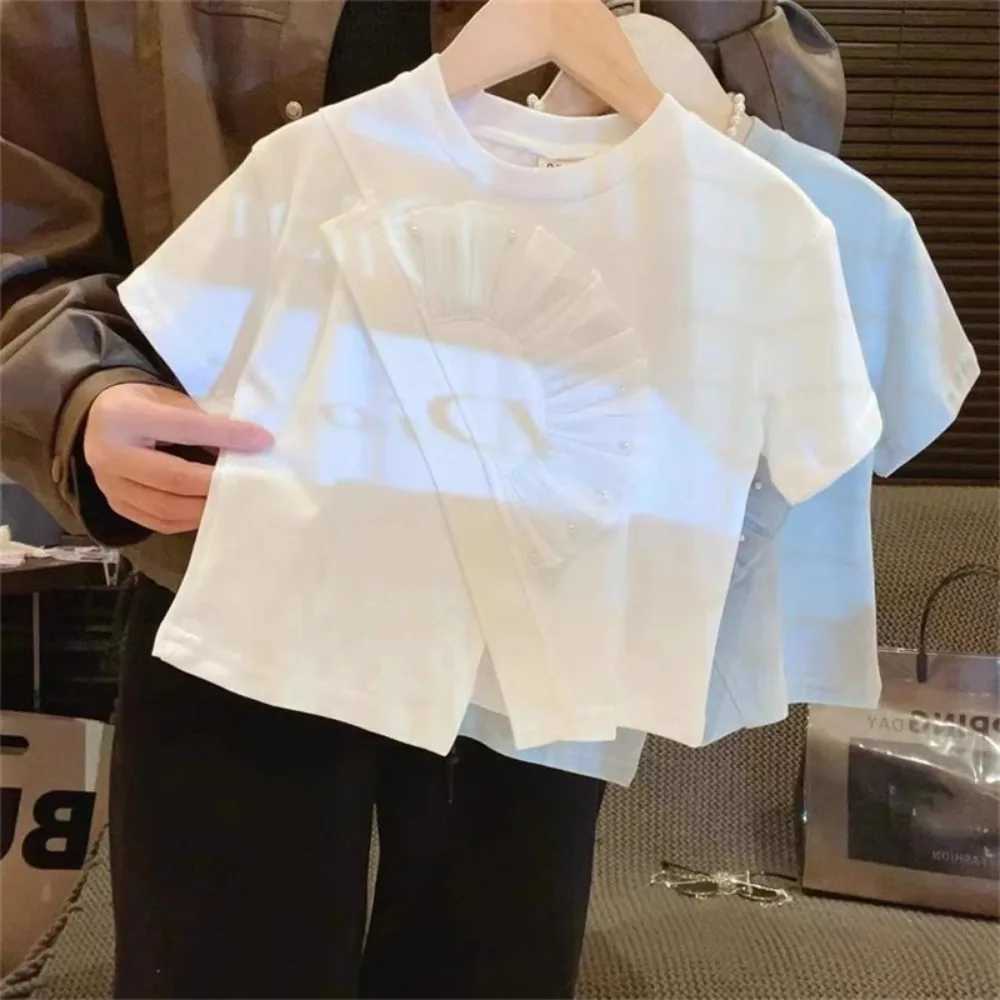 Bear Leader 2024 Summer New Korean Girls Clothes Solid Color Ruffle Short Sleeve Round Neck Casual T-shirt Childrens ClothingT250320