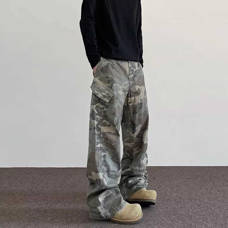American style retro camouflage unisex pants 2025 Ropa Y2K mens new washed pure cotton straight wide leg pantsT250319