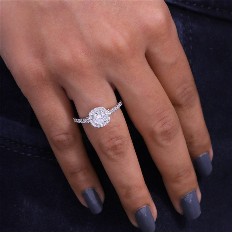 Jewelry 0.5 Carat Round Cut Lab Diamond Halo Engagement Ring Real White Gold Half Band Wedding Ring For Women 14K 18K Platinum Available