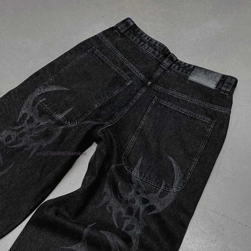 Black cotton jeans womens new dark personality pattern printed straight pants loose autumn and winter street couple jeansT250319