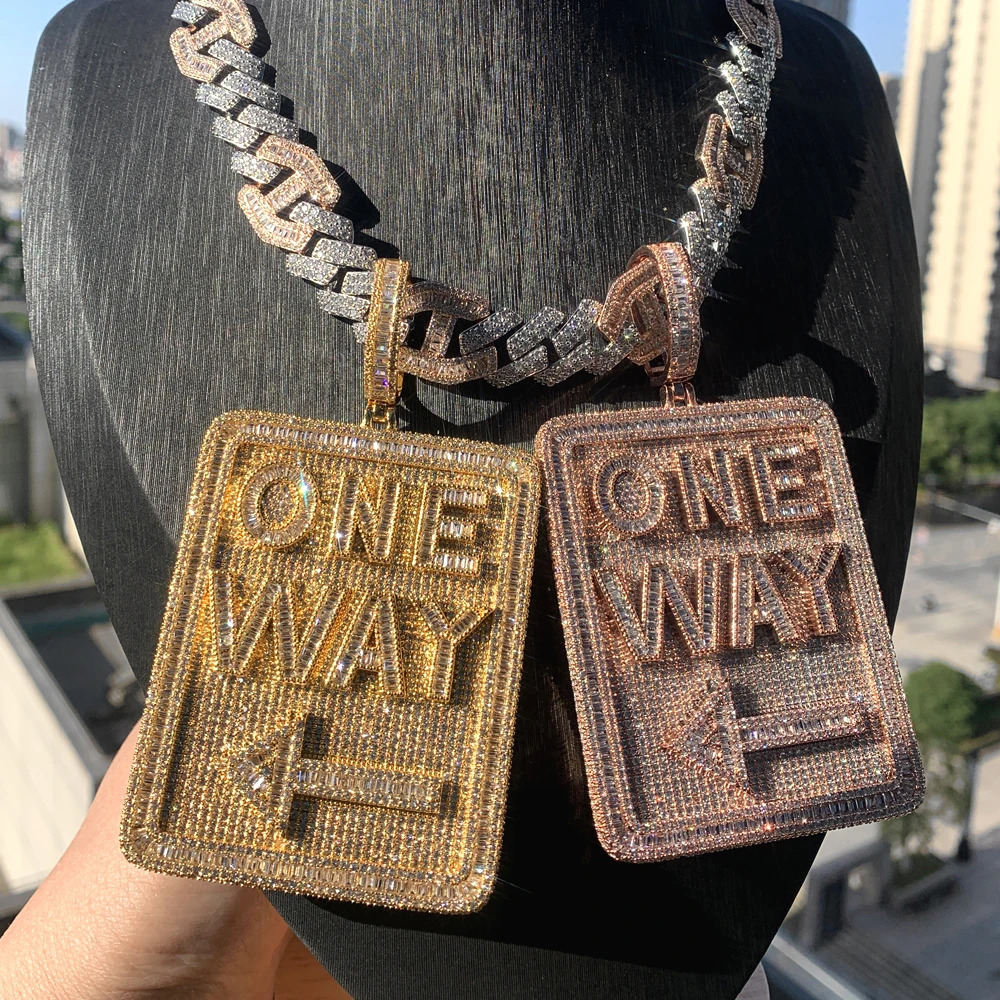 Iced Out Bling Direction Signs Pendant Necklace Cubic Zirconia Letter One Way Charm Men Fashion Hip Hop Jewelry 250320