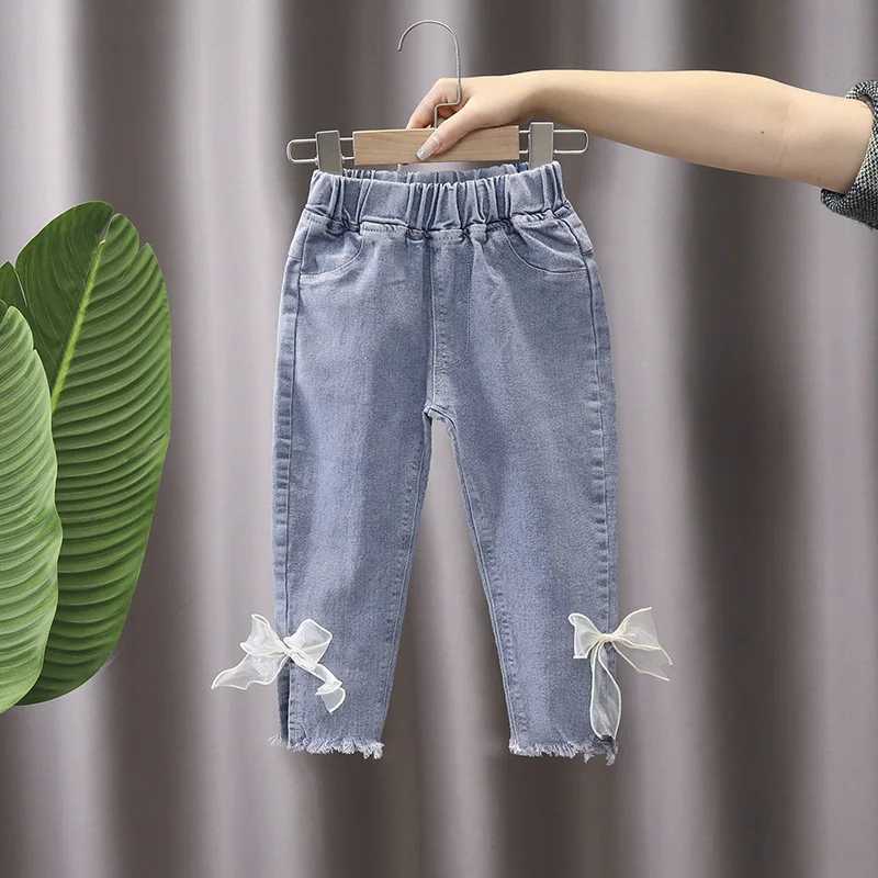 Spring Autumn Children Girls Denim Pants Elastic Waist Mesh Bowknot Harem Baby Girls Pants Exterior Stylish Kid Girls TrousersT2502320