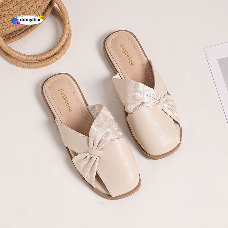 2024 Summer New Temperament Evening Gentle Half Korean Edition Chinese Style Flat Bottom French Baotou Slippers Women's ddmythur