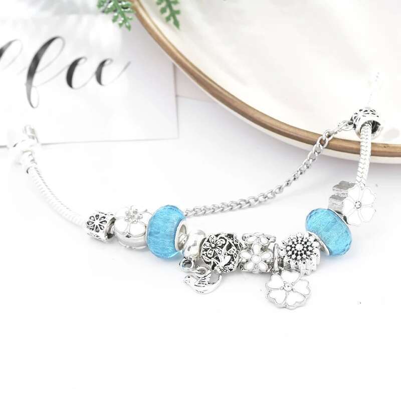 2024 New Flower & Bird Charm Bracelets & Bangle Silver Color Jewelry For Women Fit Crystal Fine Bracelet Jewelry Pulseras