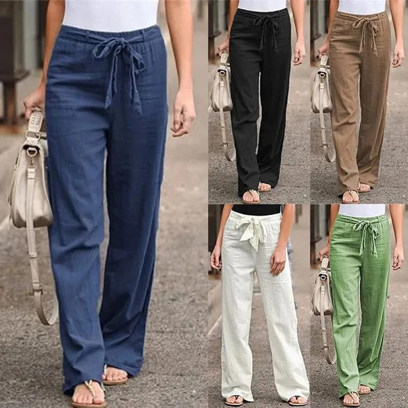 Summer Elastic Waist Women Cotton Linen Pants Hight Waist Ankle-length Oversized Loose Trousers Female Casual Solid Color Pants 250320