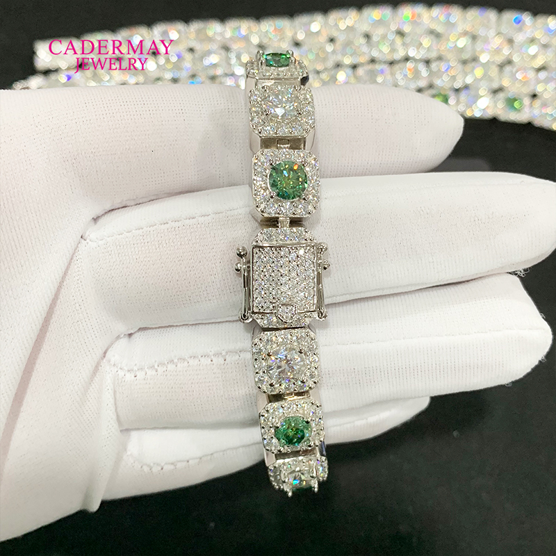 HipHop Jewelry 925silver 10mm Square Clustered Iced Out Green Mixed White Moissanite Bracelet Rock Candy Moissanite Tennis Chain
