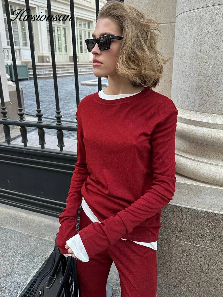 Hirssionsan Modal Soft Loose Set Womens Casual Two piece Long Sleeve T-shirt and High Waist Dress Set 250318