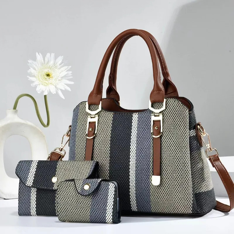3 Piece Set Womens Bag 2024 Summer Large Womens Handbag with Wallet Vertical Stripes Womens Shoulder Crossbody Bags 250314