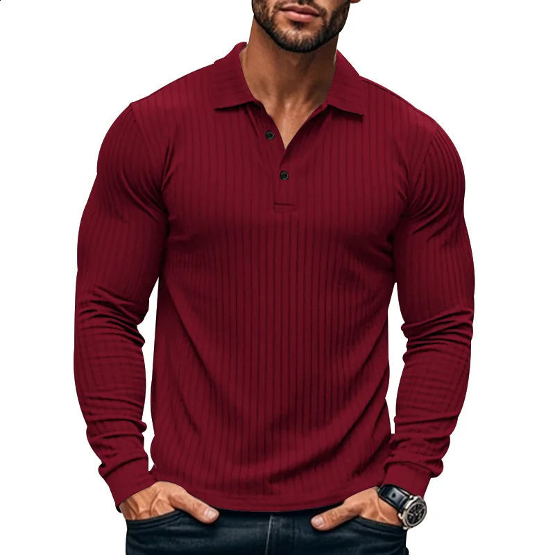 Cross border mens classic casual American lapel button long sleeved Tshirt elastic pit stripe polo shirt 250318