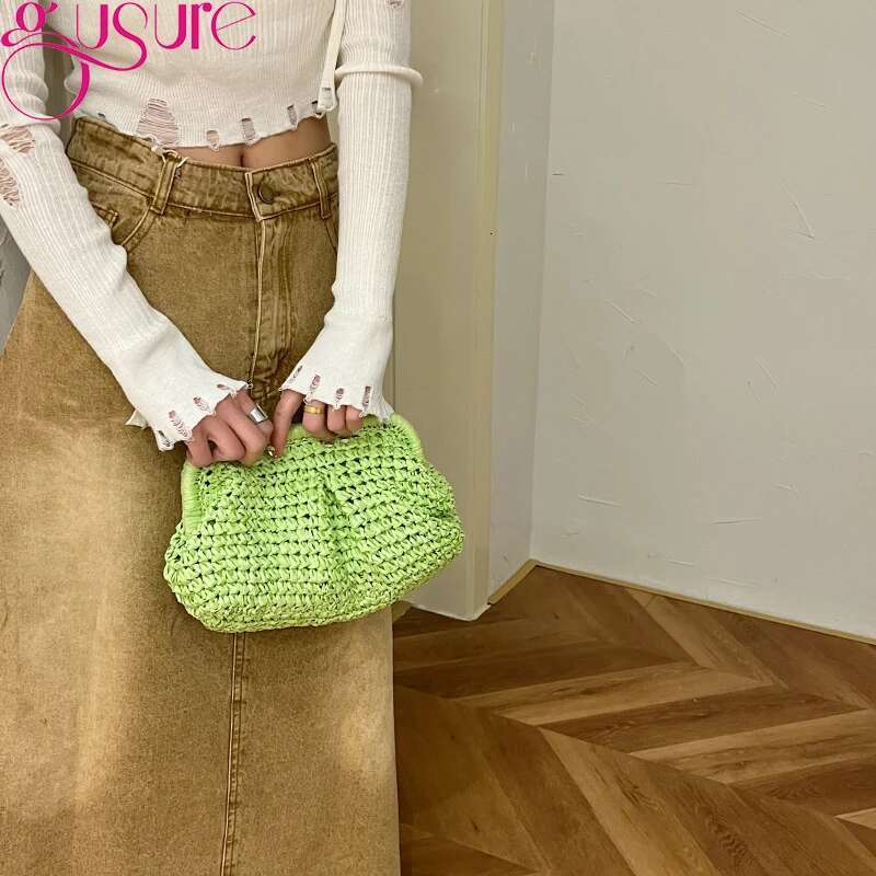 Gusure Summer Designer Shoulder Straw Weaving Clutch Purse Women Dumpg Crossbody Beach Bag Fashon Cloud Pouch