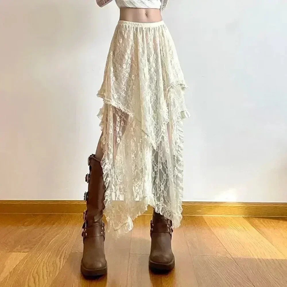 Lace Asymmetrical Skirt Women Vintage Y2K Boho Aesthetic Fashion High Waist Mid Skirts Summer Ladies Holiday Outfits All-match 250320