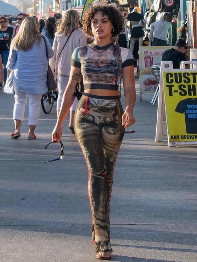 Weird Puss Sexy See Through 2 Piece Set Women Vintage Print Shorts Sleeve Crop TopsFlare Pants Matching Midnight Club Outfit 250320