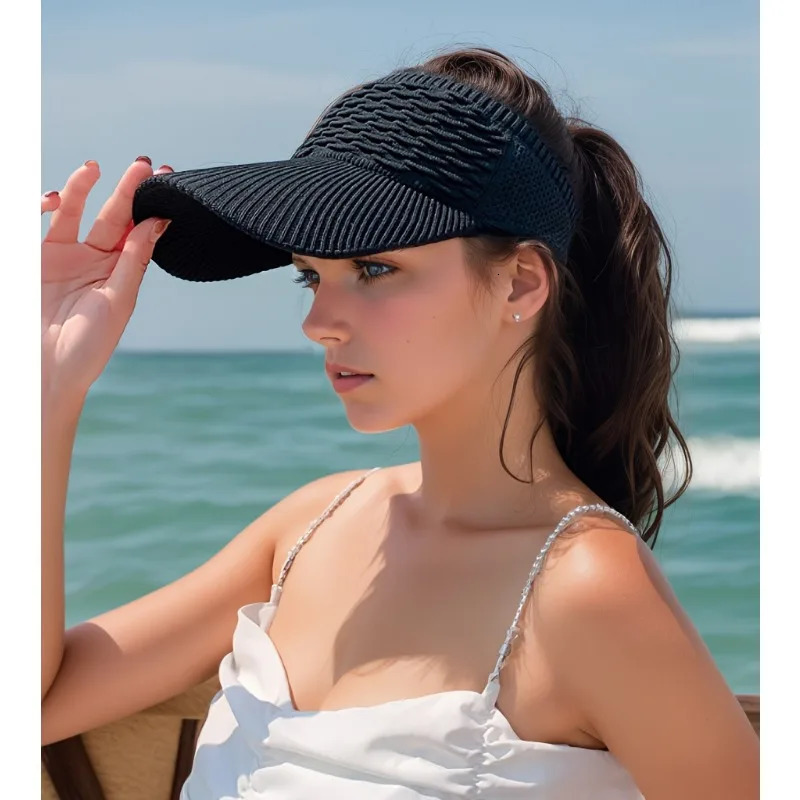 1pc Summer Breathable Sun HatCasual Elastic Knitted CapWomens Long Brim Sunshade Empty Top Hat for Outdoor Sports beach hat 250320