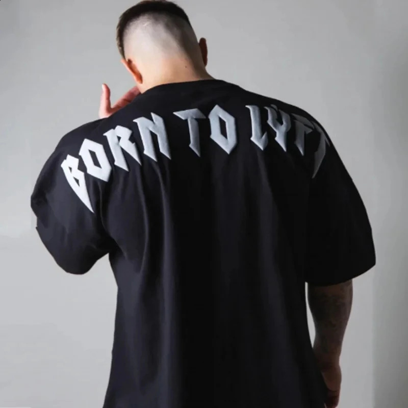 High quality gym T-shirt mens bodybuilding printed loose T-shirt sports T-shirt mens clothing cotton short sleeved sports shirt 250317