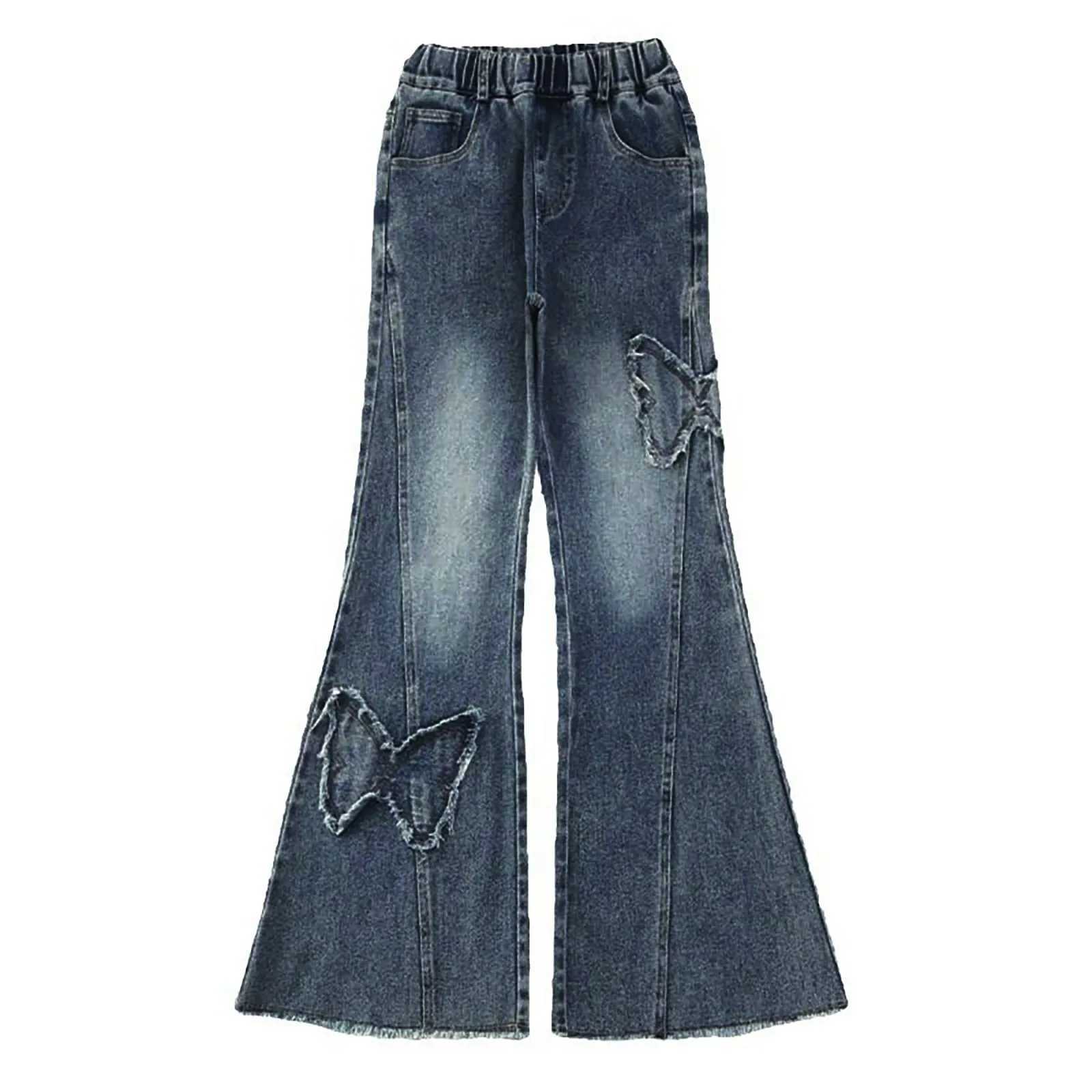 Big girl knitted girl flash jeans hem star print bell bottom retro jeans denim jeans solid color jeansT250326