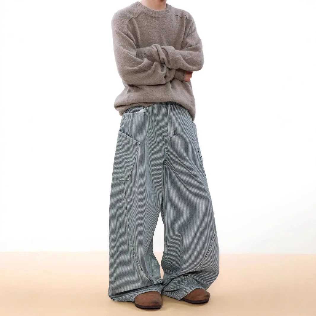 Retro letter embroidered blue striped mens jeans casual wide leg pants new spring summer autumn couple style American fashionT250319
