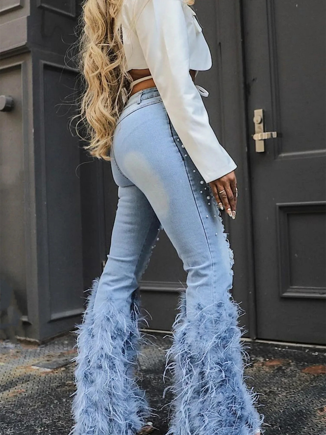 Hollow jeans pearl pants sexy womens high waisted elegant streetwear torn denim feather cargo transport vehicle 250314