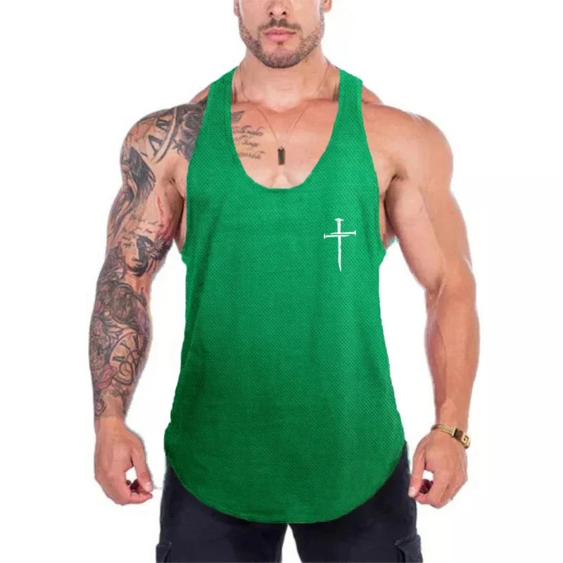 Personalized Cross Print Bodybuilding Clothing Gym Fitness Mesh Breathable Quick Dry Tank Tops Mens Sport Muscle Y-back T-shirt 250320
