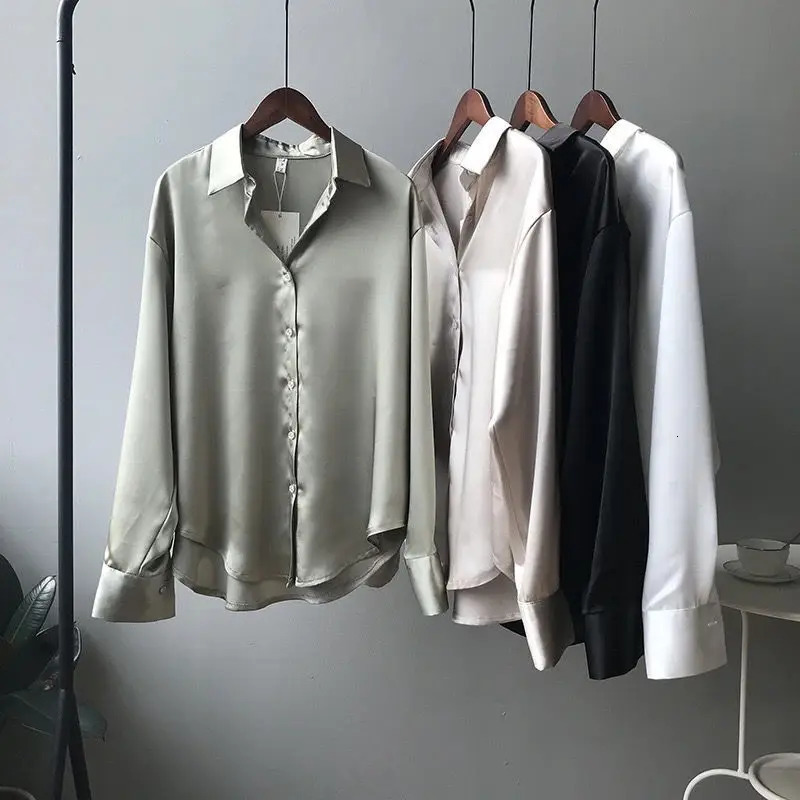 Women Silk Shirt Vintage Fashion Solid Button Up Long Sleeves Blouse Tops Female Summer Casual Loose Office Lady Shirts 250320