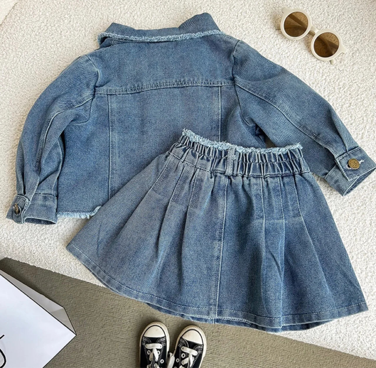 Spring Autumn Blue Retro Turndown Collar Long Sleeves Girls Solid Color Cotton Denim Jacket Short Skirts Twopiece Suit 250319