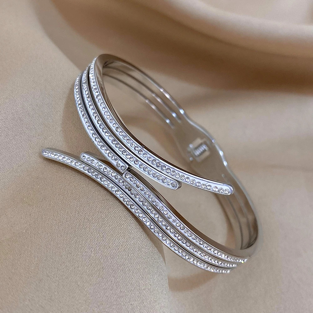 Greatera Rhinestone Charm Stainless Steel Bangles Cuff Bracelet for Women Geometric Irregular Gold Plated Party Jewelry 250320