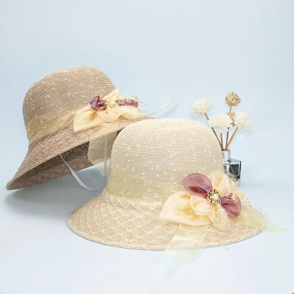 Pearl Flower Beach Hats Casual Women Lace Caps Fashion Spring Summer Sun Hat Sunscreen Outdoor Travel Female Straw Hat 250320
