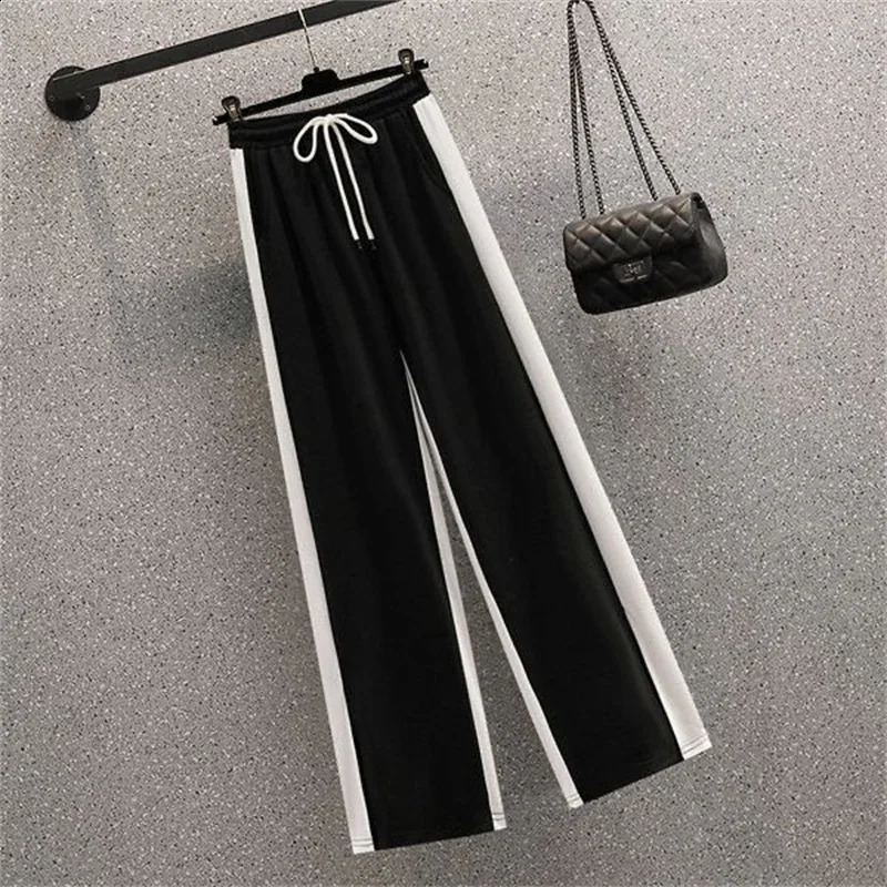 Autumn Polo Neck Long Sleeve Casual Splicing Wide Leg Pants Two Piece Set Womens Pants Set 250318
