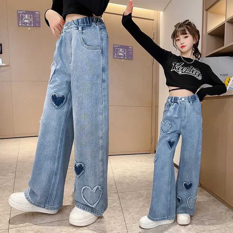 New Fashion Teenager Girls Denim Wide Leg Pants Children Trousers Spring Autumn Love Pattern Girls Jeans 5-14 Years Kids ClothesT250326